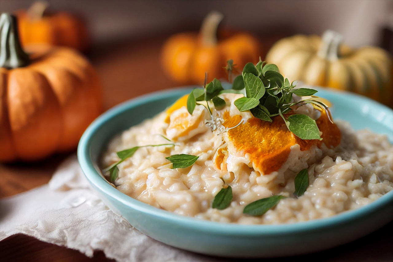Risotto con zucca e salsiccia, piatto autunnale colorato e invitante, servito in una ciotola.